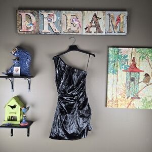 Susana Monaco Metallic Pleated Party Mini Dress One Shoulder